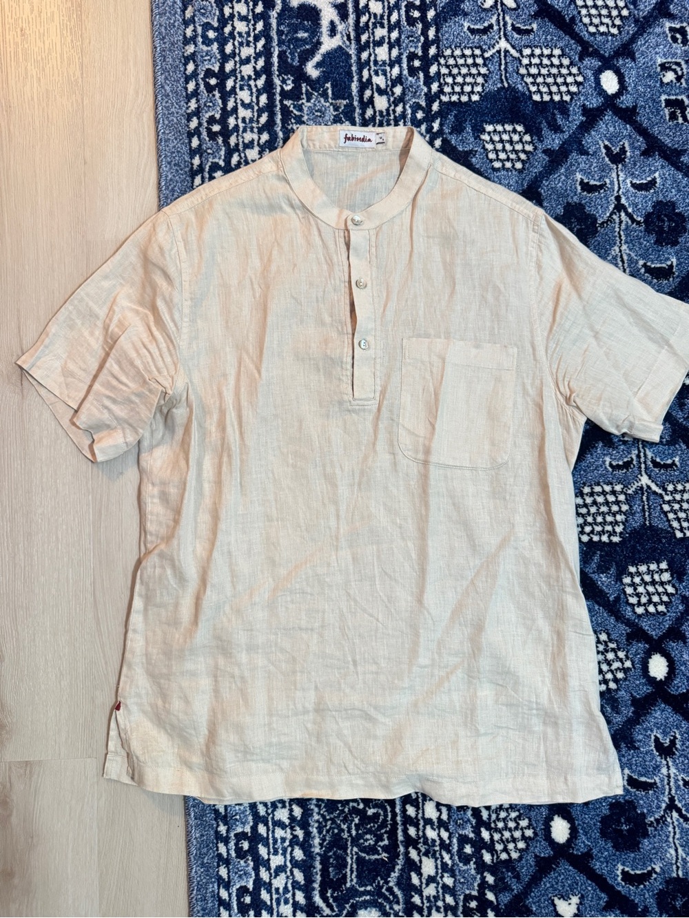 fabindia Cream Band-Collar Linen Shirt Jacket